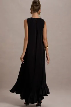 Hazelle | Black Chiffon A-Line Ruffled Maxi Dress
