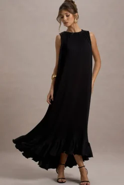 Hazelle | Black Chiffon A-Line Ruffled Maxi Dress
