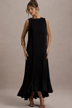Hazelle | Black Chiffon A-Line Ruffled Maxi Dress