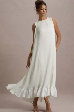 Hazelle | Cream Chiffon A-Line Ruffled Maxi Dress