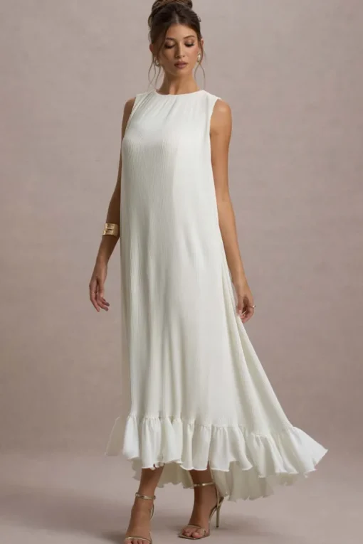 Hazelle | Cream Chiffon A-Line Ruffled Maxi Dress