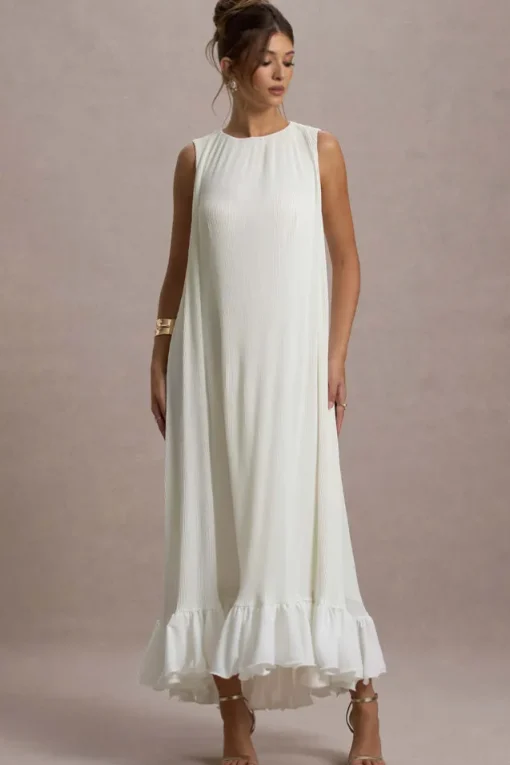 Hazelle | Cream Chiffon A-Line Ruffled Maxi Dress