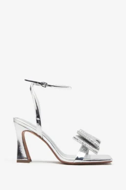 Headlines | Silver Ankle Strap Heeled Sandals With Diamante Bows
