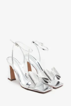 Headlines | Silver Ankle Strap Heeled Sandals With Diamante Bows