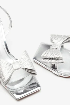 Headlines | Silver Ankle Strap Heeled Sandals With Diamante Bows