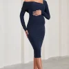 Heartbeat | Navy One-Shoulder Long-Sleeved Maternity Midi Dress