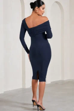 Heartbeat | Navy One-Shoulder Long-Sleeved Maternity Midi Dress