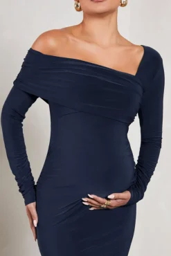 Heartbeat | Navy One-Shoulder Long-Sleeved Maternity Midi Dress