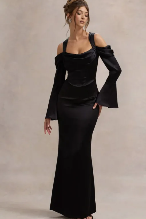 Heartthrob | Black Satin Draped Bardot Maxi Dress