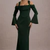 Heartthrob | Green Satin Draped Bardot Maxi Dress