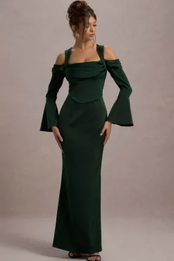 Heartthrob | Green Satin Draped Bardot Maxi Dress