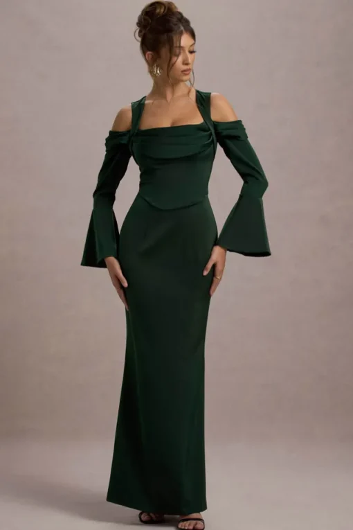 Heartthrob | Green Satin Draped Bardot Maxi Dress