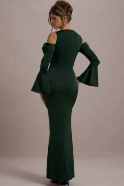 Heartthrob | Green Satin Draped Bardot Maxi Dress