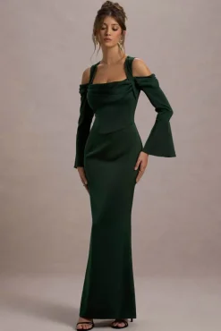 Heartthrob | Green Satin Draped Bardot Maxi Dress