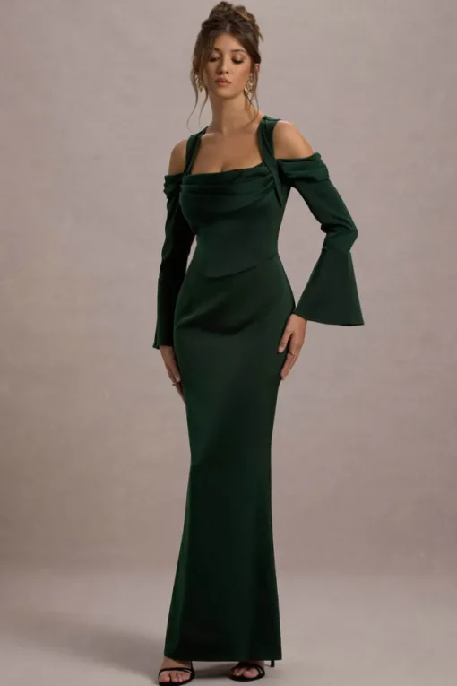 Heartthrob | Green Satin Draped Bardot Maxi Dress
