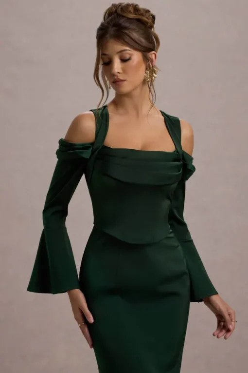 Heartthrob | Green Satin Draped Bardot Maxi Dress