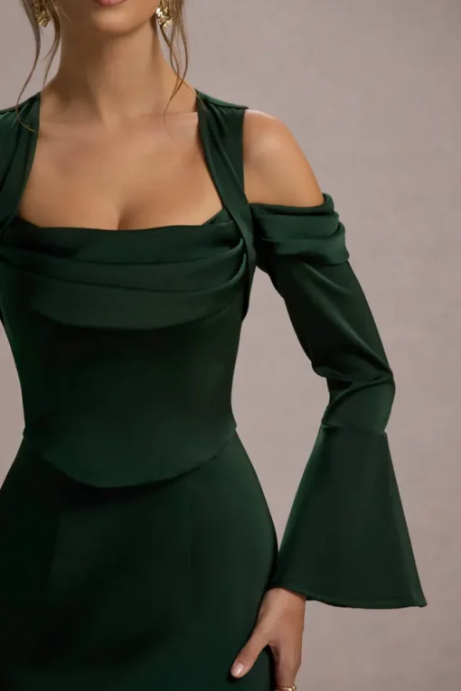 Heartthrob | Green Satin Draped Bardot Maxi Dress