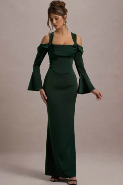 Heartthrob | Green Satin Draped Bardot Maxi Dress