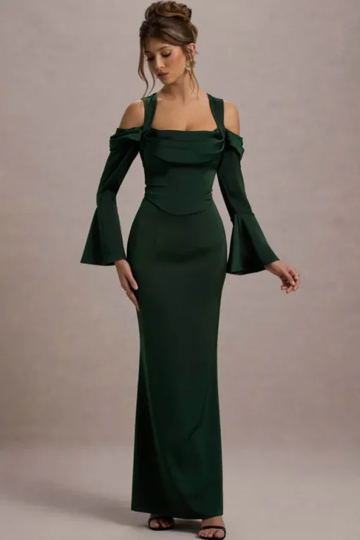 Heartthrob | Green Satin Draped Bardot Maxi Dress