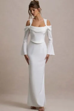 Heartthrob | Ivory Satin Draped Bardot Maxi Dress