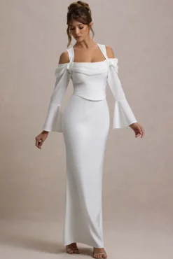 Heartthrob | Ivory Satin Draped Bardot Maxi Dress