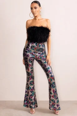 Heaven Sent | Black Aztec Sequin Fit And Flare Trousers