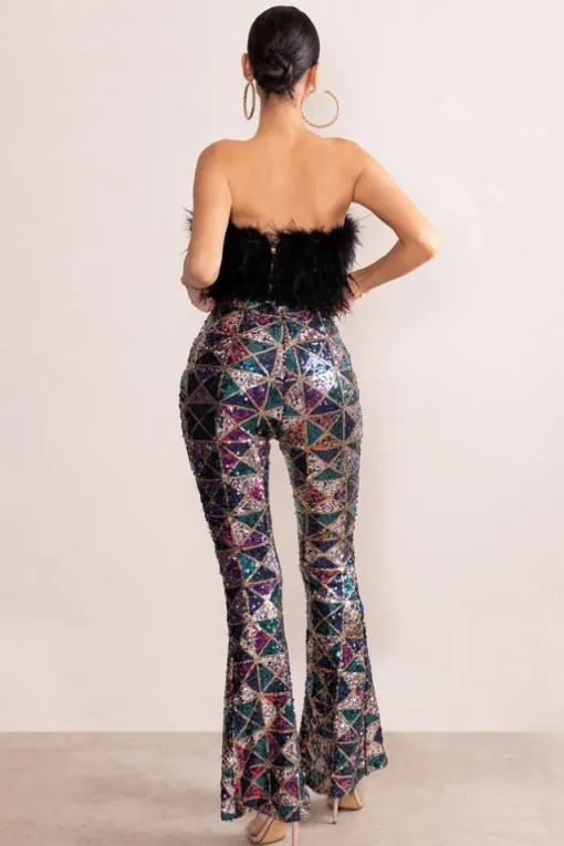 Heaven Sent | Black Aztec Sequin Fit And Flare Trousers