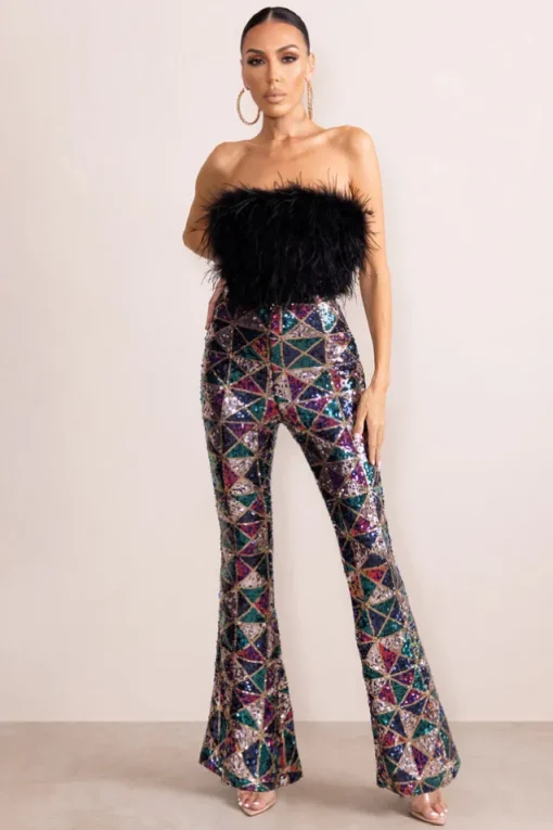 Heaven Sent | Black Aztec Sequin Fit And Flare Trousers