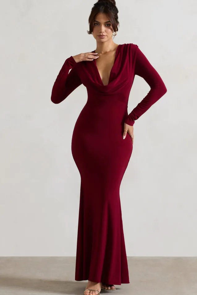 Heavy Heart | Berry Cowl-Neck Long-Sleeve Maxi Dress
