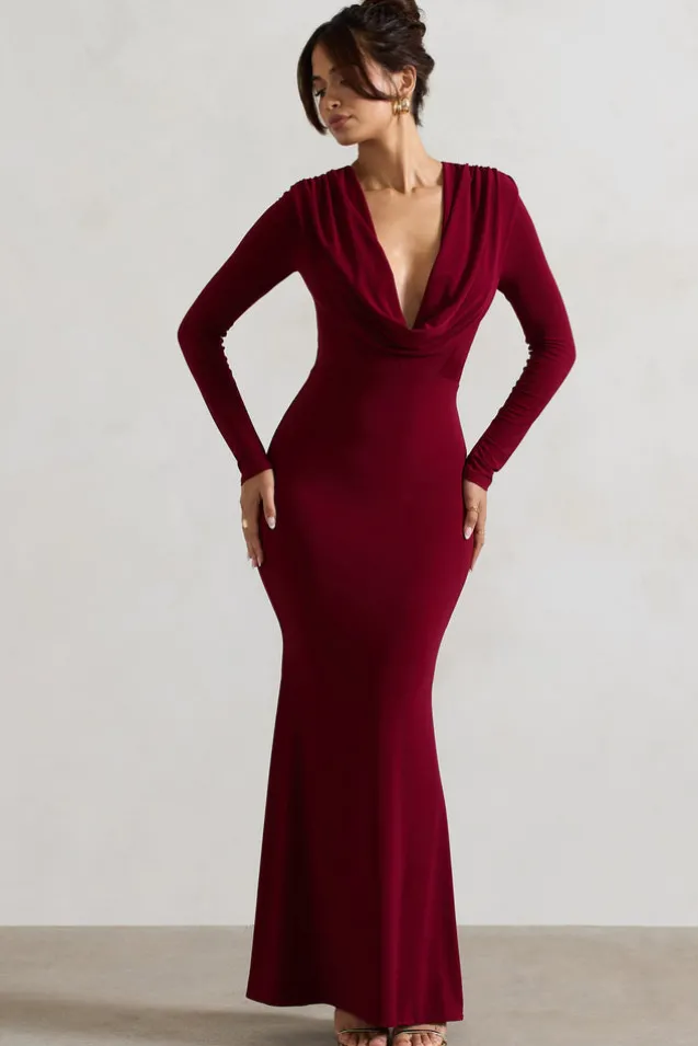 Heavy Heart | Berry Cowl-Neck Long-Sleeve Maxi Dress