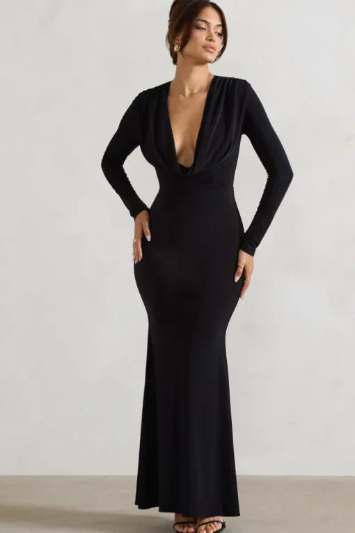 Heavy Heart | Black Cowl-Neck Long-Sleeve Maxi Dress