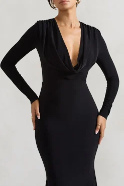 Heavy Heart | Black Cowl-Neck Long-Sleeve Maxi Dress