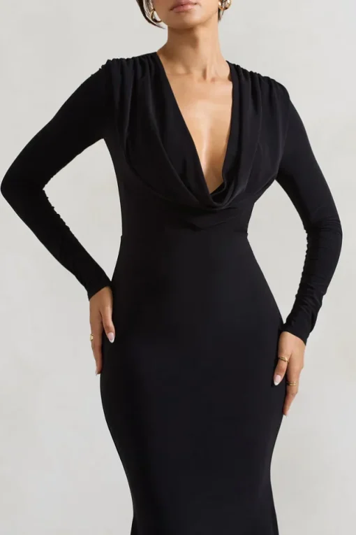 Heavy Heart | Black Cowl-Neck Long-Sleeve Maxi Dress
