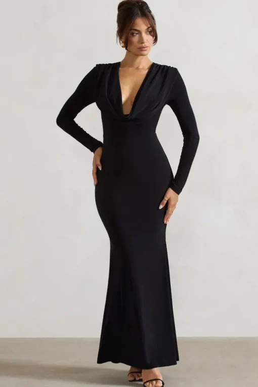 Heavy Heart | Black Cowl-Neck Long-Sleeve Maxi Dress