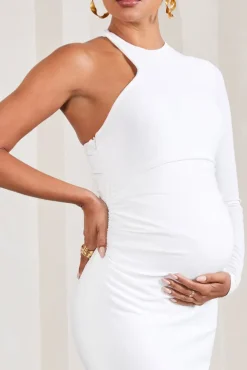 Heidi | White One-Sleeved Split Maternity Maxi Dress