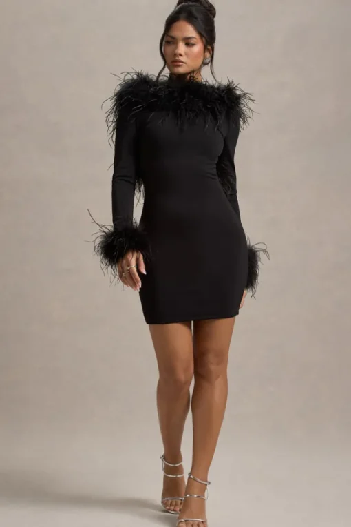 Heiress | Black Long-Sleeve Low Back Mini Dress With Feather Trim