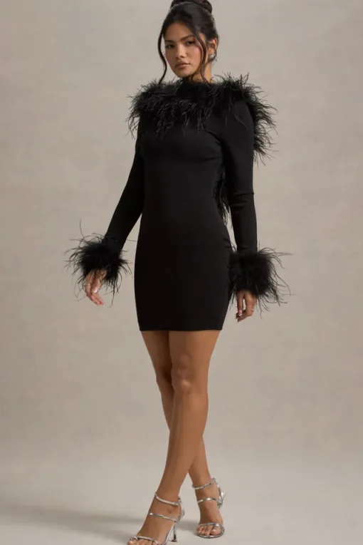 Heiress | Black Long-Sleeve Low Back Mini Dress With Feather Trim