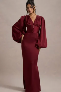 Helsinki | Berry Satin V-Neck Balloon Sleeve Maxi Dress