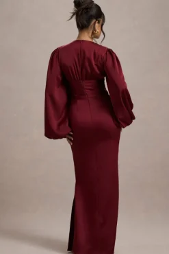 Helsinki | Berry Satin V-Neck Balloon Sleeve Maxi Dress