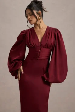 Helsinki | Berry Satin V-Neck Balloon Sleeve Maxi Dress