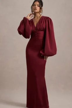 Helsinki | Berry Satin V-Neck Balloon Sleeve Maxi Dress