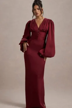 Helsinki | Berry Satin V-Neck Balloon Sleeve Maxi Dress