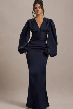 Helsinki | Navy Satin V-Neck Balloon Sleeve Maxi Dress