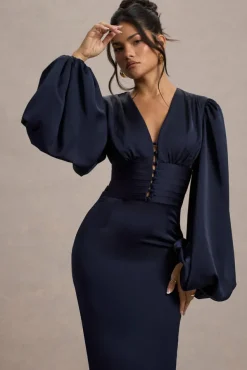 Helsinki | Navy Satin V-Neck Balloon Sleeve Maxi Dress