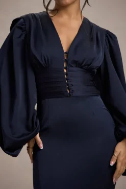 Helsinki | Navy Satin V-Neck Balloon Sleeve Maxi Dress