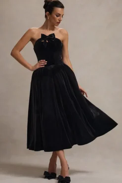Hepburn | Black Velvet Bandeau Midi Dress With Bow