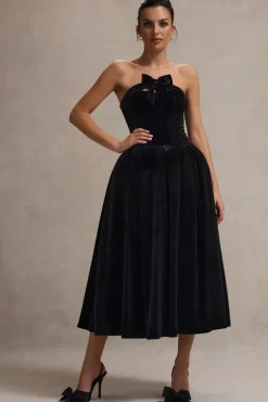 Hepburn | Black Velvet Bandeau Midi Dress With Bow