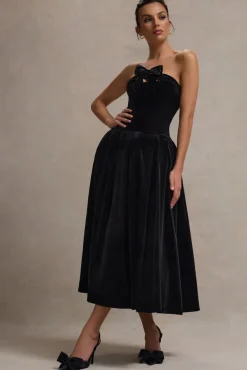 Hepburn | Black Velvet Bandeau Midi Dress With Bow