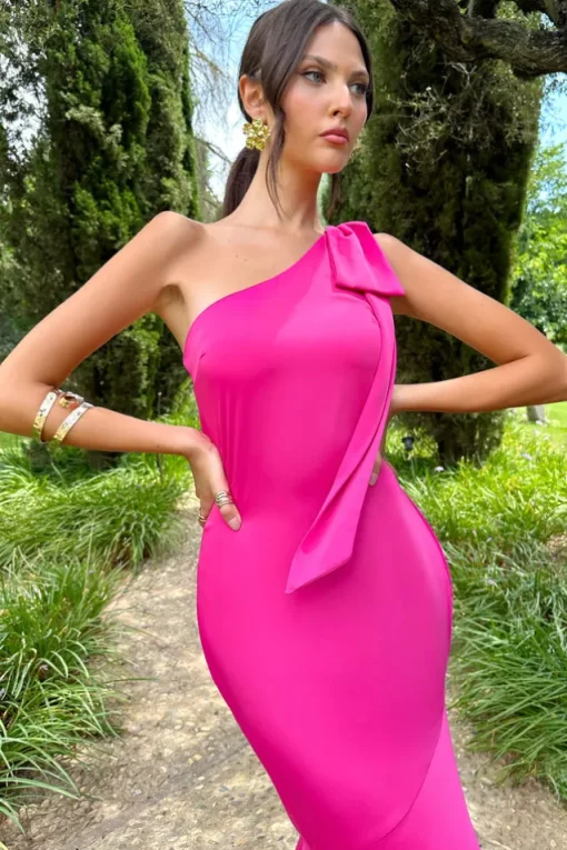 Here For Love | Hot Pink Satin Asymmetric Maxi Dress With Bow