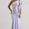 Here For Love | Lilac Satin Asymmetric Maxi Dress With Bow